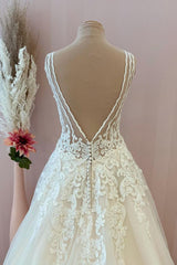 Classy Long A-Line Sweetheart Appliques Lace Tulle Backless Wedding Dress-showprettydress