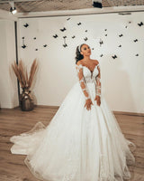 Classy Long A-Line Sweetheart Appliques Lace Tulle Wedding Dress with Sleeves-showprettydress