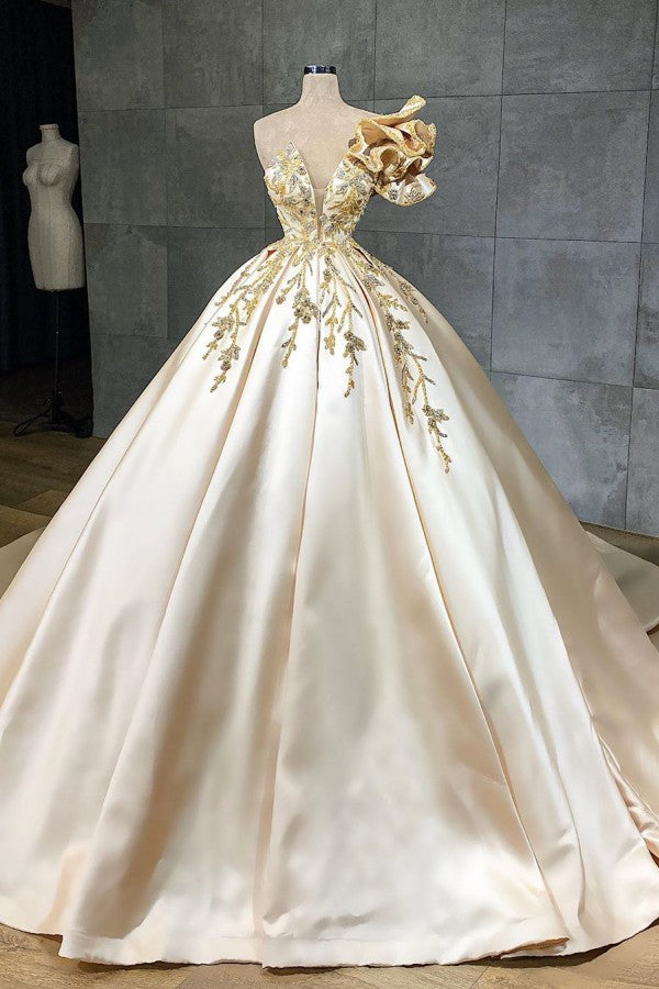 Classy Long A-Line Sweetheart Crystal Satin Ruffles Wedding Dress-showprettydress