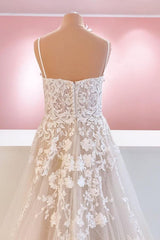 Classy Long A-Line Tulle Spaghetti Straps Appliques Lace Backless Wedding Dress-showprettydress