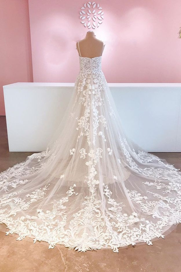 Classy Long A-Line Tulle Spaghetti Straps Appliques Lace Backless Wedding Dress-showprettydress