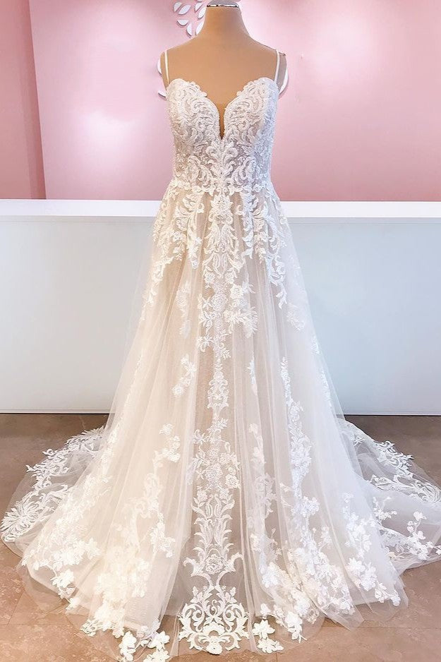 Classy Long A-Line Tulle Spaghetti Straps Appliques Lace Backless Wedding Dress-showprettydress