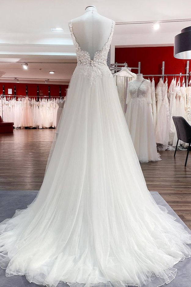 Classy Long A-line Tulle V Neck Sleeveless Lace Wedding Dress-showprettydress
