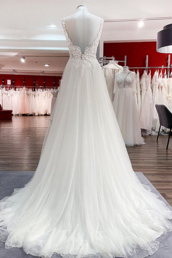 Classy Long A-line Tulle V Neck Sleeveless Lace Wedding Dress-showprettydress