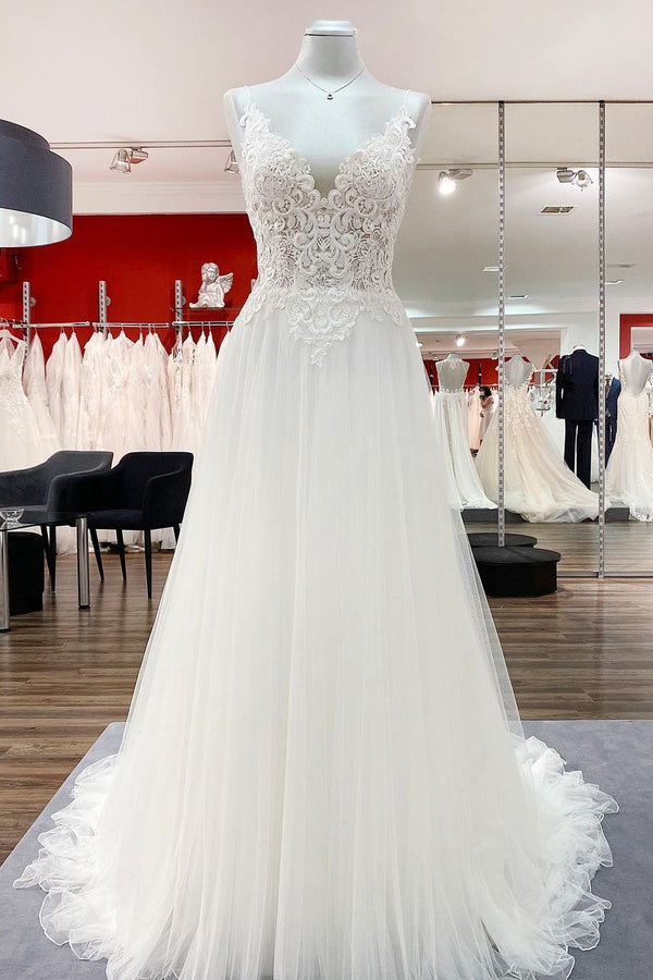 Classy Long A-line Tulle V Neck Sleeveless Lace Wedding Dress-showprettydress