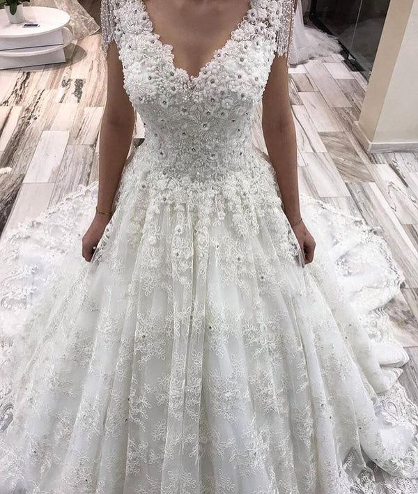 Classy Long A-Line V-neck Appliques Lace Crystal Wedding Dress-showprettydress