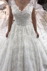 Classy Long A-Line V-neck Appliques Lace Crystal Wedding Dress-showprettydress