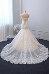 Classy Long Mermaid Sweetheart Backless Appliques Lace Tulle Wedding Dress-showprettydress
