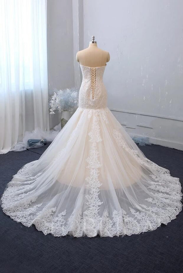 Classy Long Mermaid Sweetheart Backless Appliques Lace Tulle Wedding Dress-showprettydress