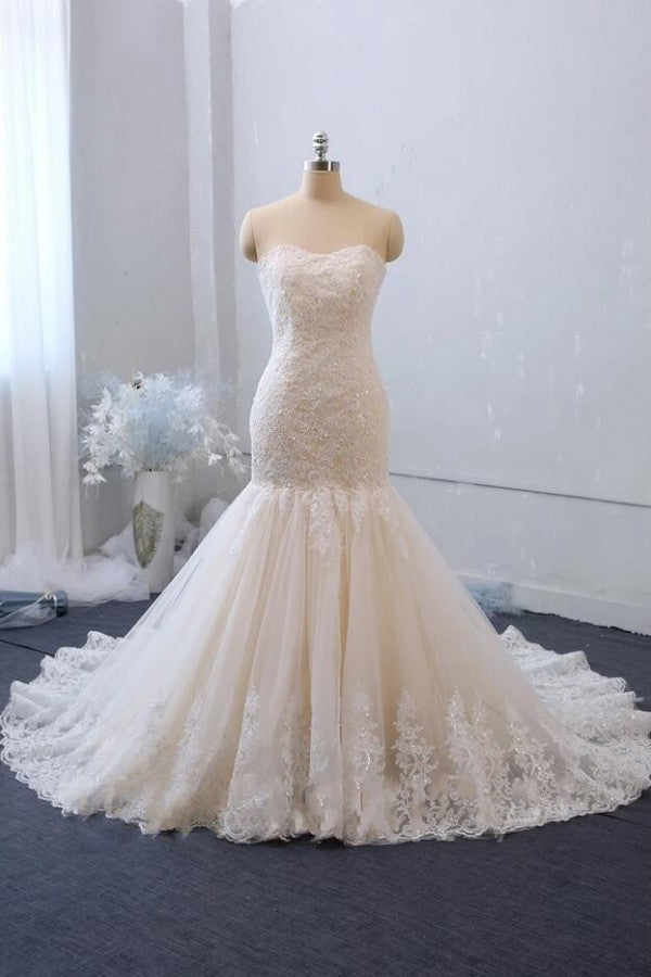Classy Long Mermaid Sweetheart Backless Appliques Lace Tulle Wedding Dress-showprettydress