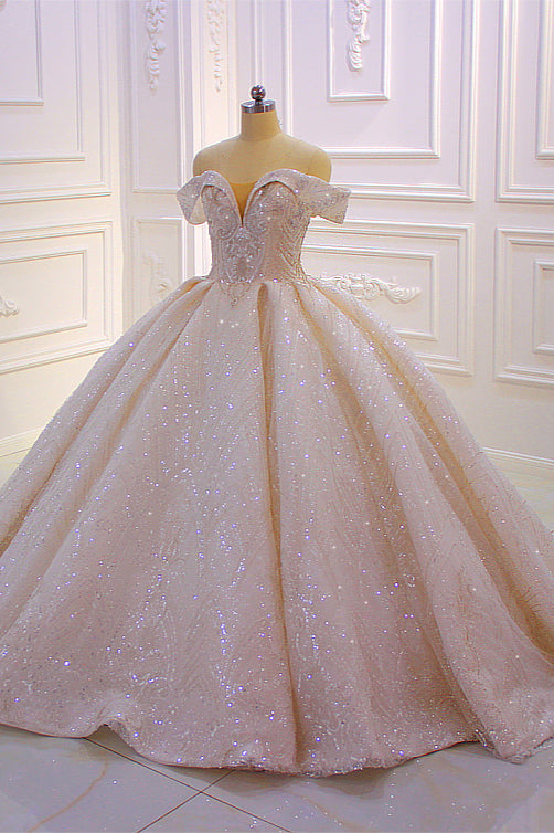 Classy Long Off the Shoulder Sequin Beading Satin Ball Gown Wedding Dress-showprettydress