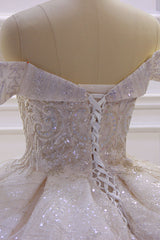 Classy Long Off the Shoulder Sequin Beading Satin Ball Gown Wedding Dress-showprettydress