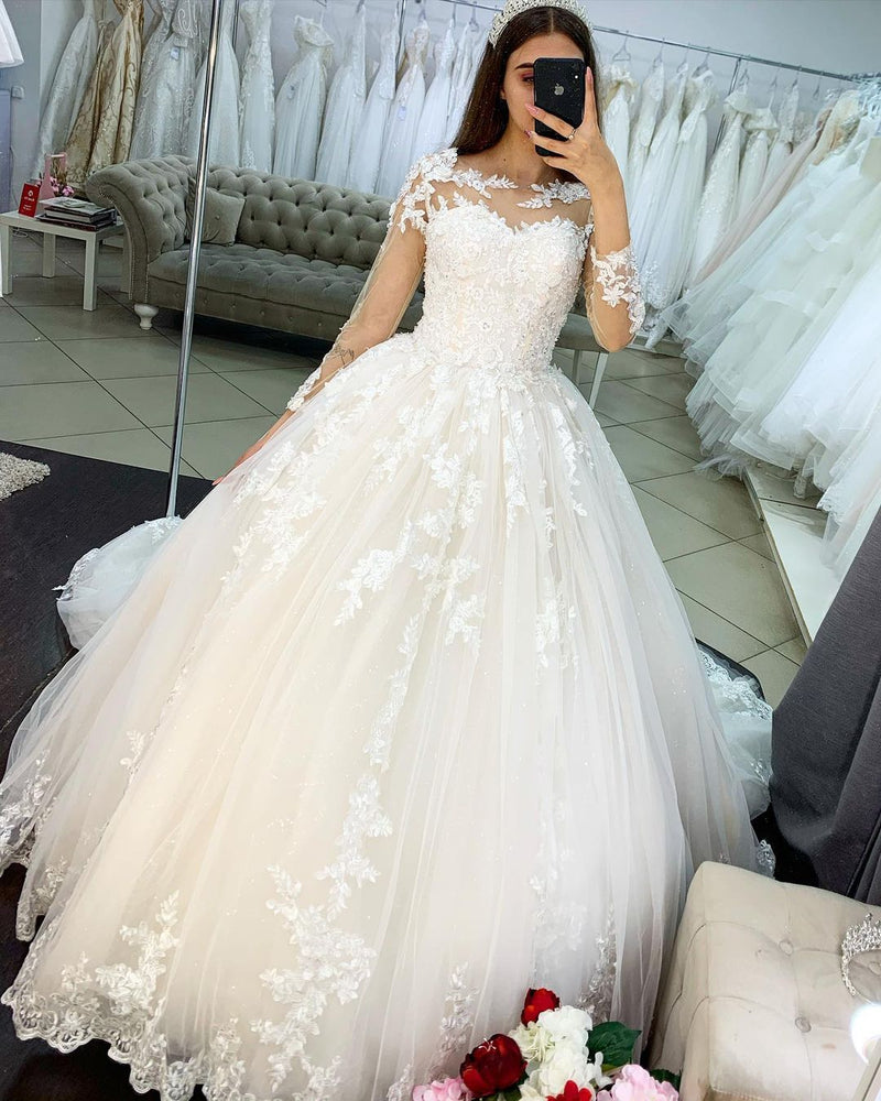 Classy Long Princess Appliques Lace Tulle Wedding Dress with Sleeves-showprettydress