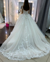 Classy Long Princess Appliques Lace Tulle Wedding Dress with Sleeves-showprettydress