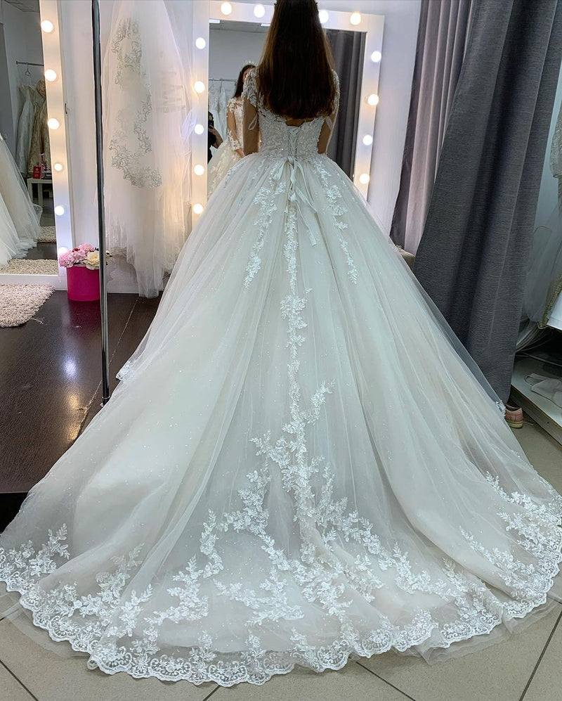 Classy Long Princess Appliques Lace Tulle Wedding Dress with Sleeves-showprettydress