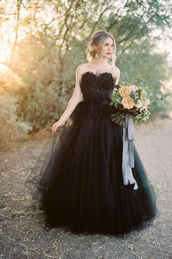 Classy Long Princess Sweetheart Open Back Tulle Black Wedding Dress with Lace-showprettydress