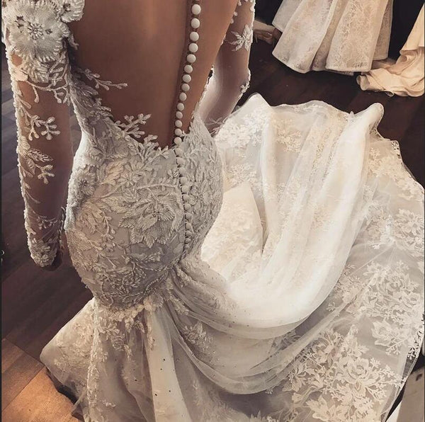 Classy Long Sleeve Sweetheart Appliques Lace Mermaid Wedding Dress With Tulle Ruffles-showprettydress