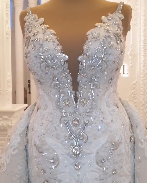 Classy Long Sweetheart Spaghetti Straps Appliques Lace Crystal Backless Wedding Dress-showprettydress