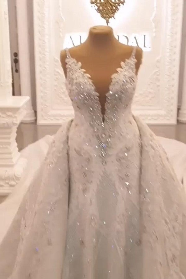 Classy Long Sweetheart Spaghetti Straps Appliques Lace Crystal Backless Wedding Dress-showprettydress