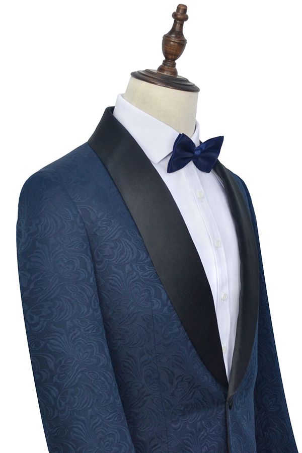 Classy Navy Blue Mens Suits for Weddings Jacquard Black Silk Shawl Lapel Prom Suits-showprettydress