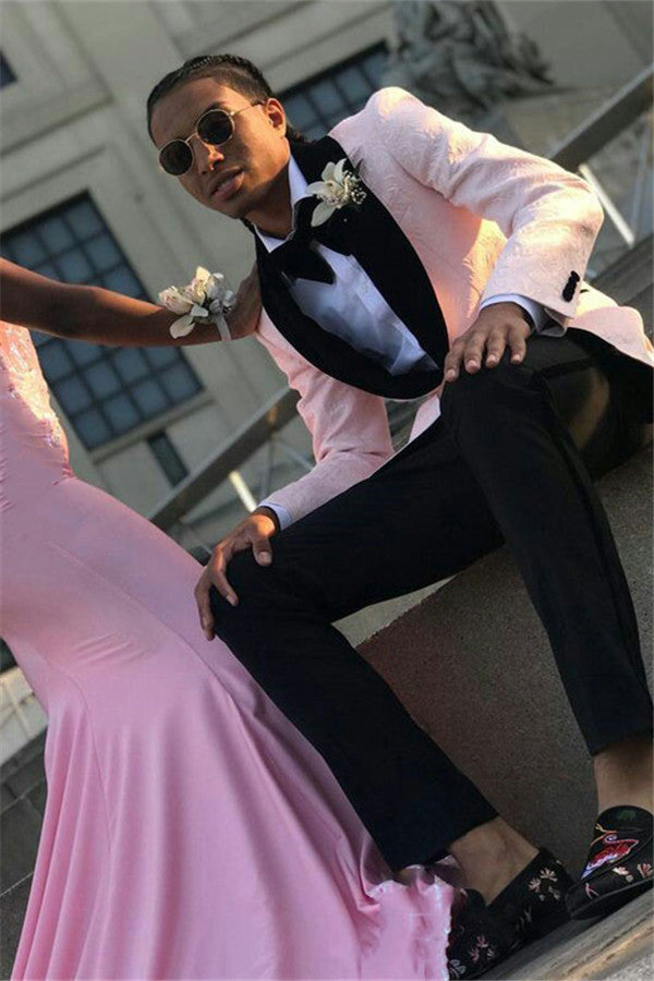 Classy Pink Jacquard Men Suit One Button Prom Suit with Shawl Lapel-showprettydress