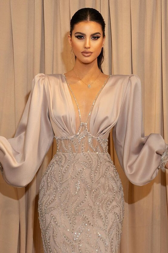 Classy V-Neck Evening Dress with Long Sleeves and Beadings-showprettydress