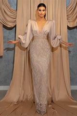 Classy V-Neck Evening Dress with Long Sleeves and Beadings-showprettydress