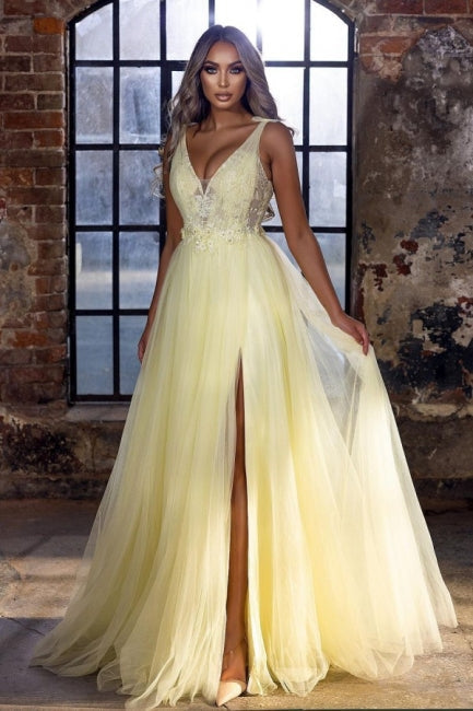 Classy V-Neck Yellow Sleeveless Prom Dresses Long On Sale-showprettydress