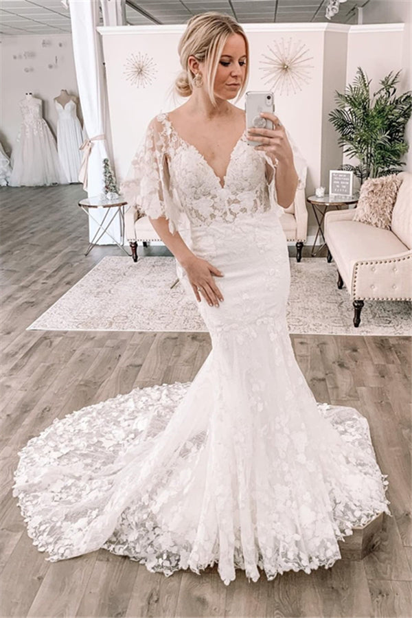 Cold shoulder Lace Mermaid Train Wedding Dresses Online-showprettydress