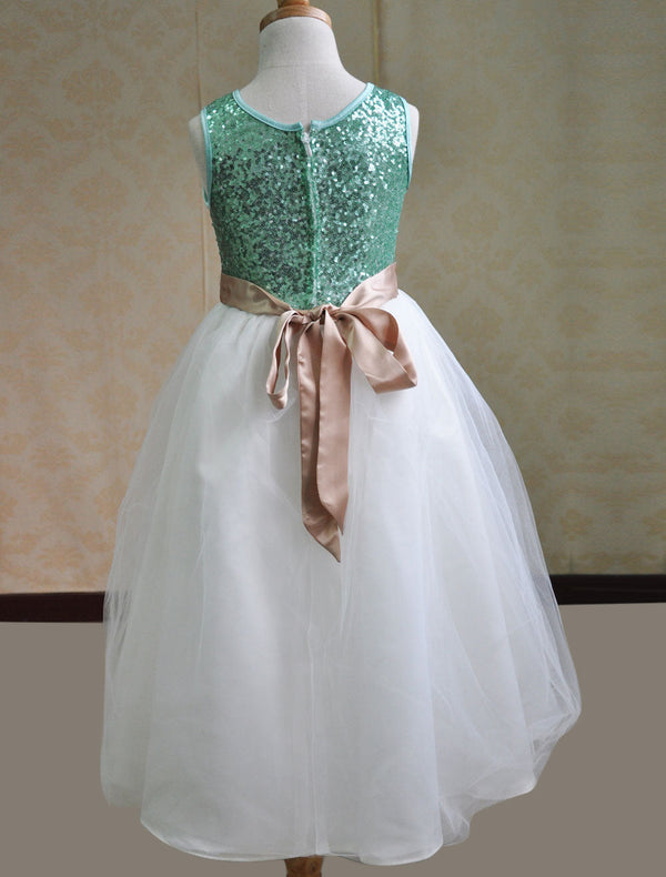 Color Block flower girl dress Sequins Sash Dress-showprettydress