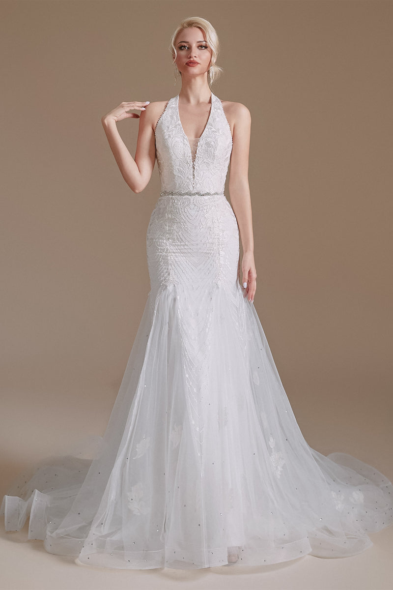 Cool Shouder V Neck Court Applique Mermaid Wedding Dress | Showprettydress Design-showprettydress