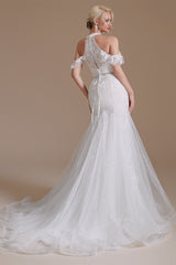 Cool Shouder V Neck Court Applique Mermaid Wedding Dress | Showprettydress Design-showprettydress