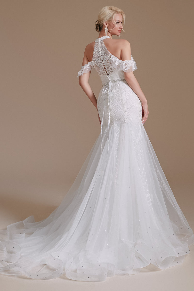 Cool Shouder V Neck Court Applique Mermaid Wedding Dress | Showprettydress Design-showprettydress