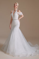Cool Shouder V Neck Court Applique Mermaid Wedding Dress | Showprettydress Design-showprettydress