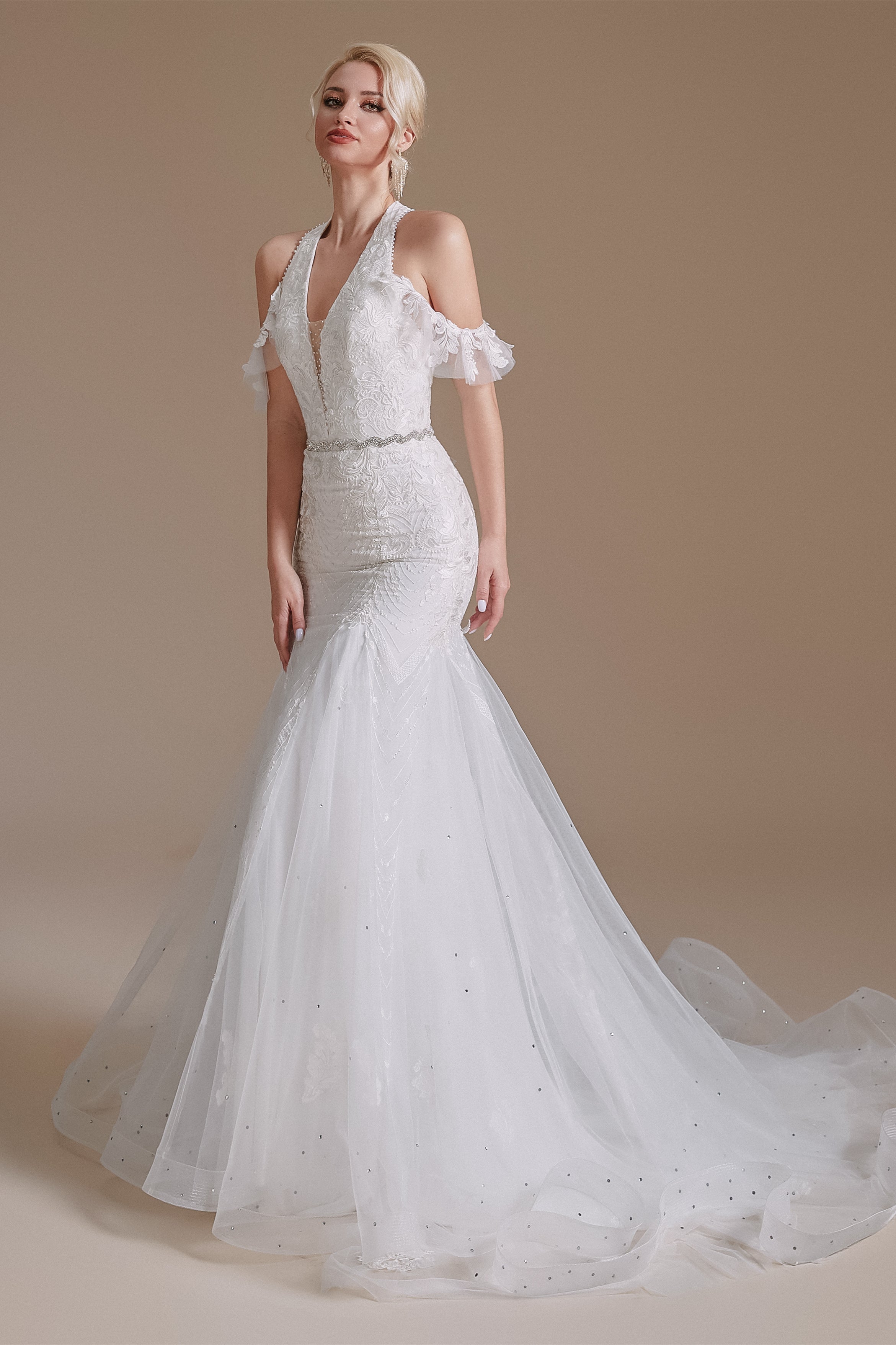 Cool Shouder V Neck Court Applique Mermaid Wedding Dress | Showprettydress Design-showprettydress