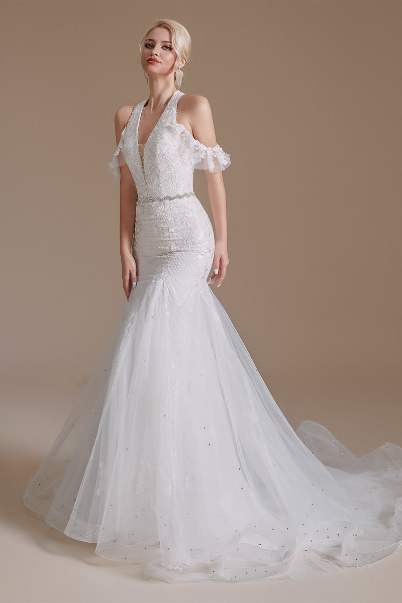 Cool Shouder V Neck Court Applique Mermaid Wedding Dress | Showprettydress Design-showprettydress