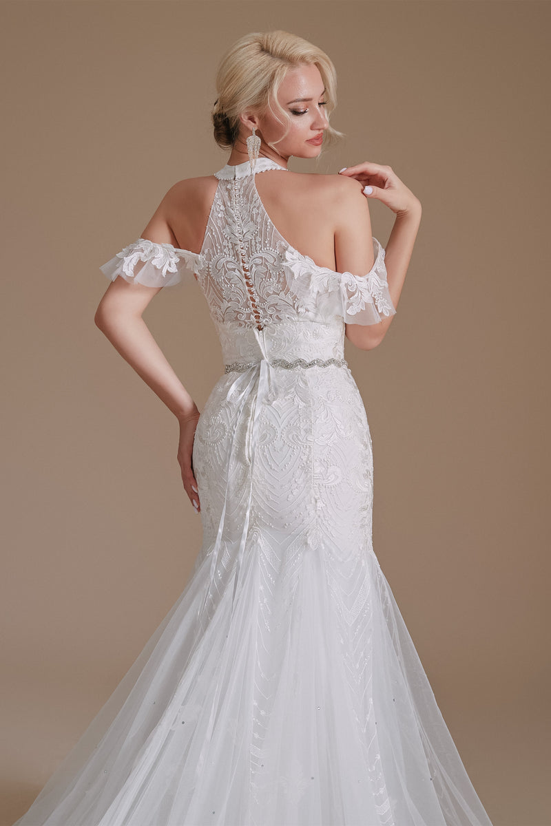 Cool Shouder V Neck Court Applique Mermaid Wedding Dress | Showprettydress Design-showprettydress