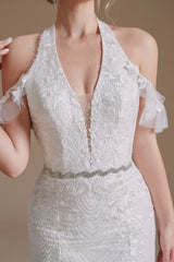 Cool Shouder V Neck Court Applique Mermaid Wedding Dress | Showprettydress Design-showprettydress