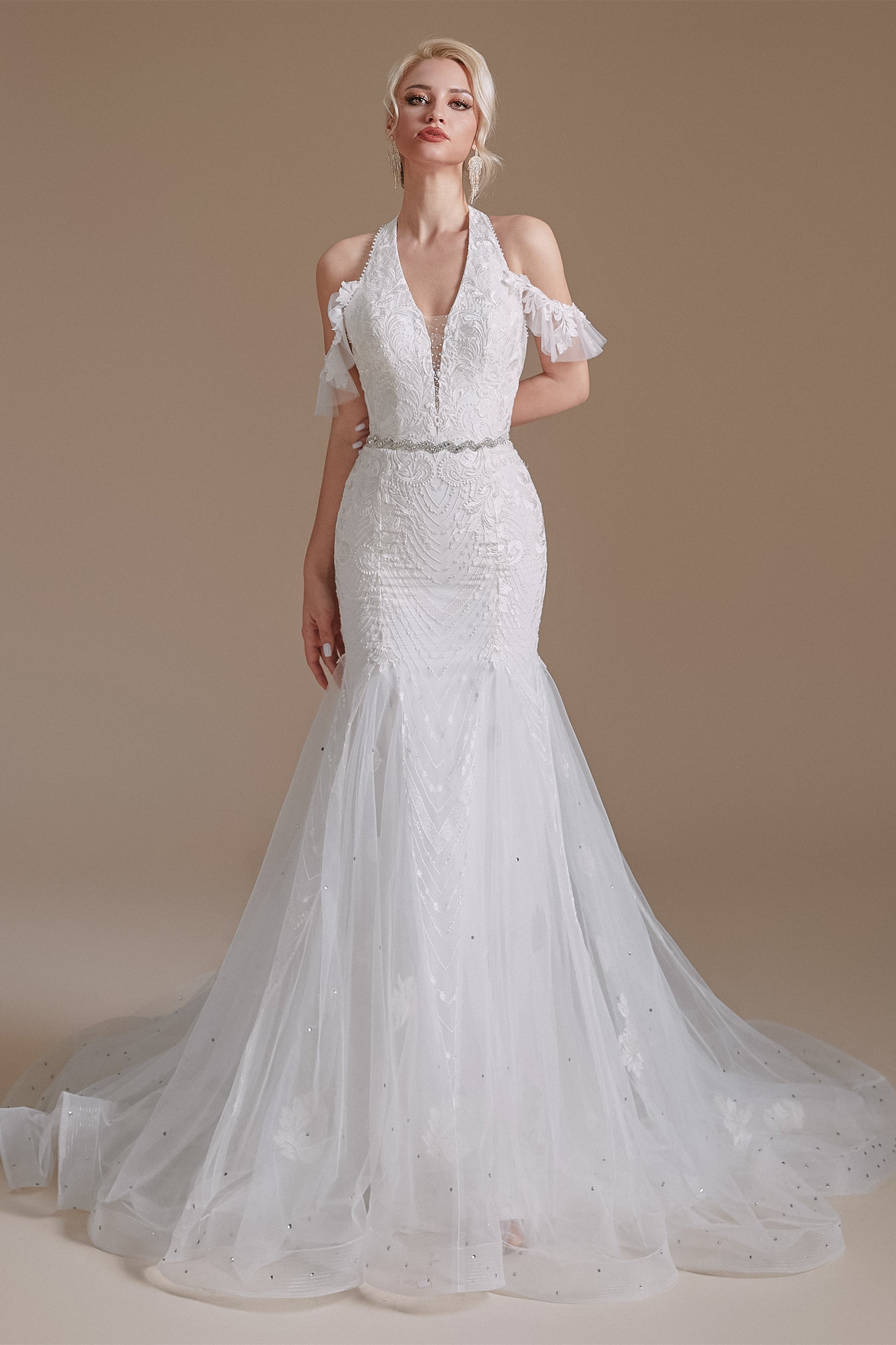 Cool Shouder V Neck Court Applique Mermaid Wedding Dress | Showprettydress Design-showprettydress