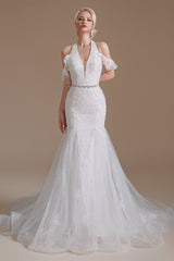 Cool Shouder V Neck Court Applique Mermaid Wedding Dress | Showprettydress Design-showprettydress