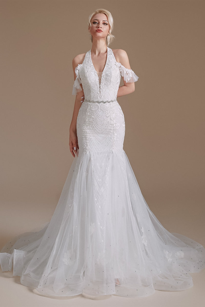 Cool Shouder V Neck Court Applique Mermaid Wedding Dress | Showprettydress Design-showprettydress