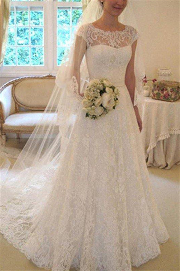 Court Train Applique A Line Short Sleeves Square Lace Ribbon Wedding Dresses-showprettydress