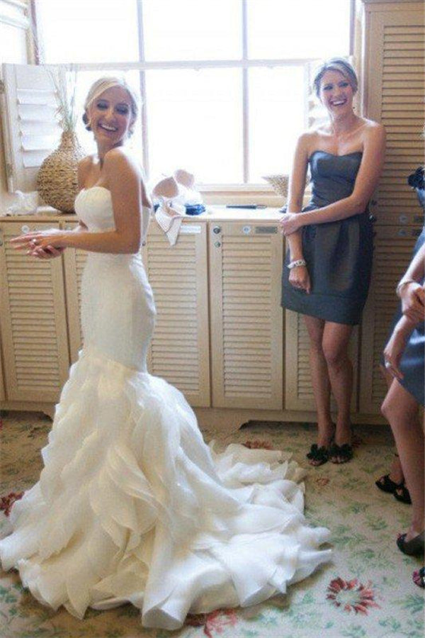 Court Train Mermaid Sleeveless Sweetheart Ruffless Satin Wedding Dresses-showprettydress