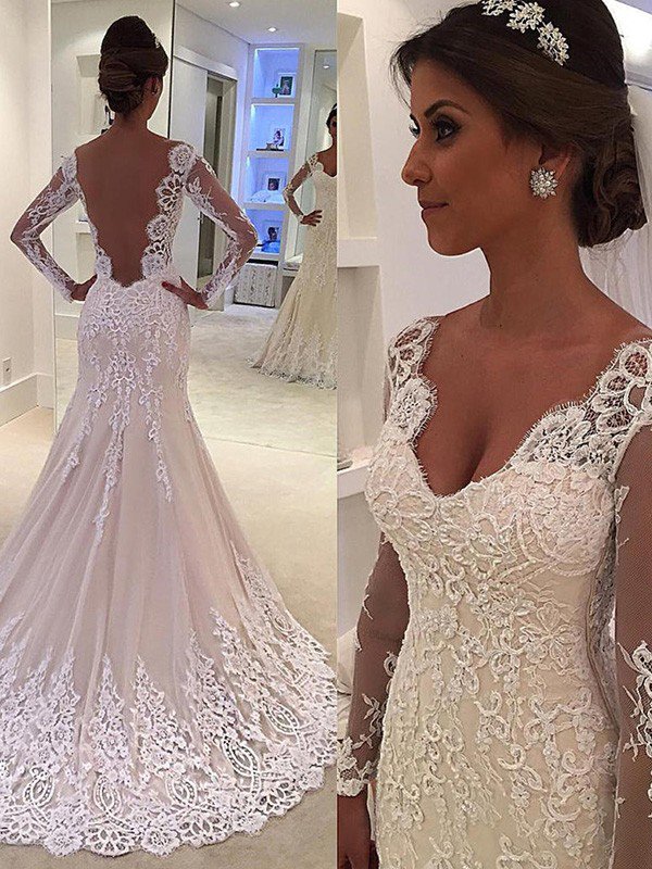 Court Train Mermaid V neck Lace Long Sleevess Wedding Dresses-showprettydress