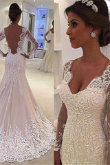 Court Train Mermaid V neck Lace Long Sleevess Wedding Dresses-showprettydress