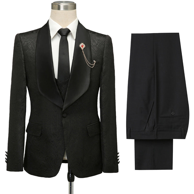Custom design Black Jacquard Shawl Lapel Wedding Suits-showprettydress