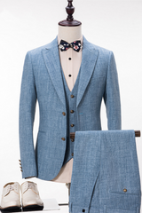 Custom design Blue Linen Suit For Wedding Peak Lapel Summer Groom and Groomsmen Suits-showprettydress
