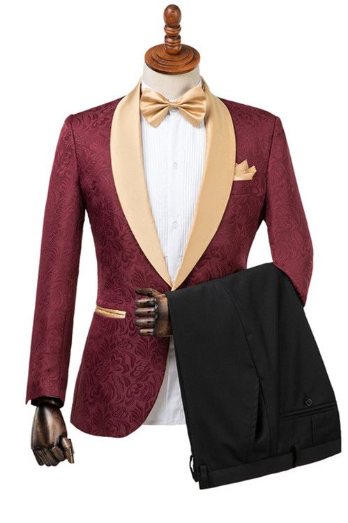 Custom design Burgundy Slim Fit Jacquard Wedding Suit for Men-showprettydress
