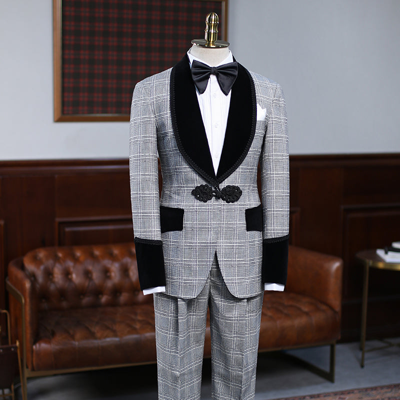 Custom design Gray Plaid Knitted Button Wedding Suit For Grooms-showprettydress