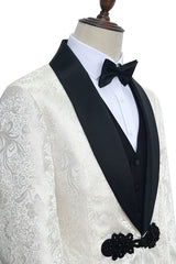 Custom design Knitted Button Black Shawl Lapel Three Piece White Jacquard Wedding Tuxedo for Men-showprettydress